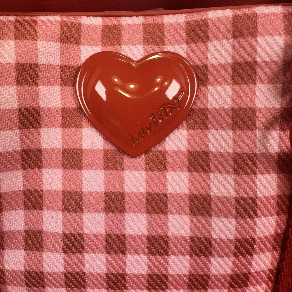Betsey Johnson Pink Red Gingham LB Ruffle Tote Bag Heart Charm Crossbody NWT